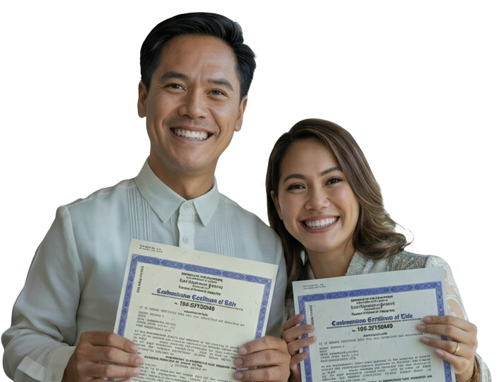 Happy Filipino couple holding property title documents